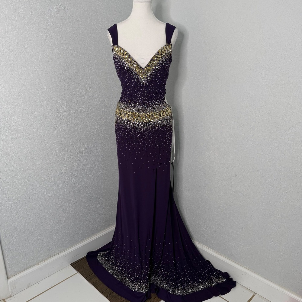 Clarisse Purple‎ Beaded Pageant Prom Gown Rhinestone Formal Dress Train Y2K